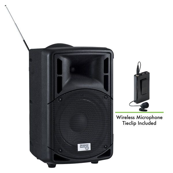 A black Oklahoma Sound portable PA system with a wireless microphone and antenna.