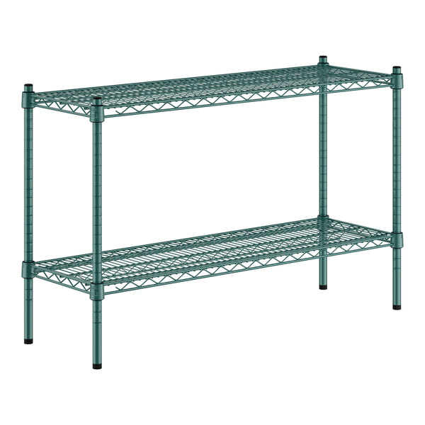 A green metal shelf with two shelves.