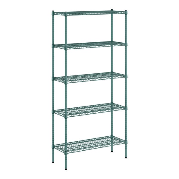 A green Regency wire shelving unit with five shelves.