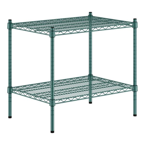 A green metal wire shelf with two shelves and black legs.