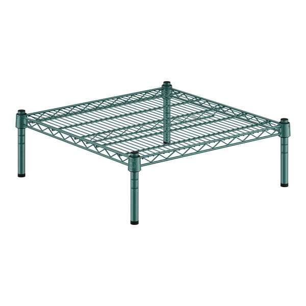 A green metal Regency wire shelf with black legs.