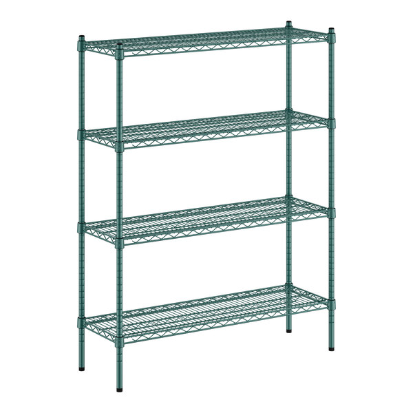 A green wire shelving unit with four shelves and 54" posts.