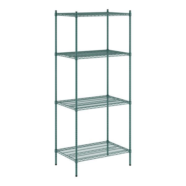 A green wire Regency shelving unit with four shelves.