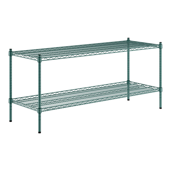A green wire shelving unit with two shelves.