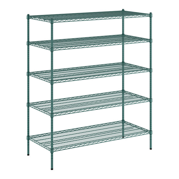 A Regency green wire shelving unit with 5 shelves.