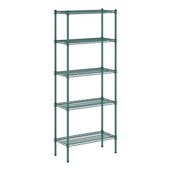 A green metal Regency wire shelving unit with five shelves.