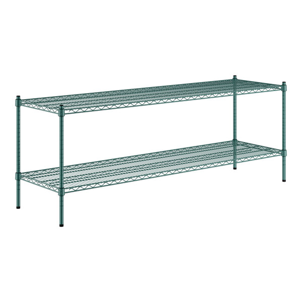 A green metal Regency wire shelving unit with two shelves.