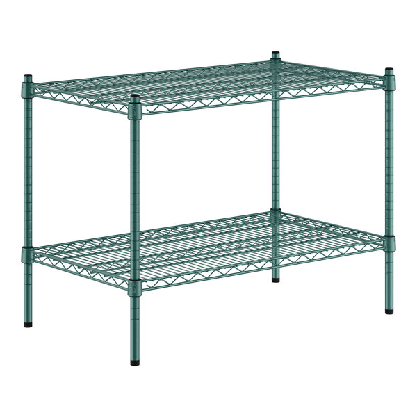 A green wire Regency shelving unit with two shelves.