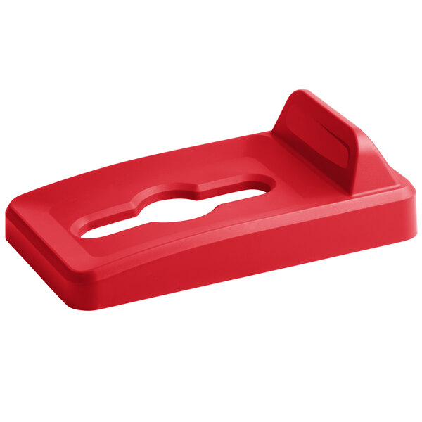 A red Rubbermaid Slim Jim recycling bin lid with a hole in the middle.