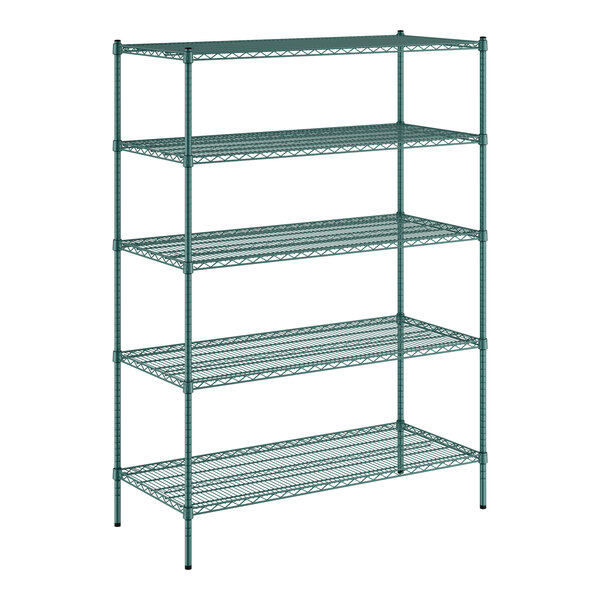 A green metal shelving unit with five shelves.