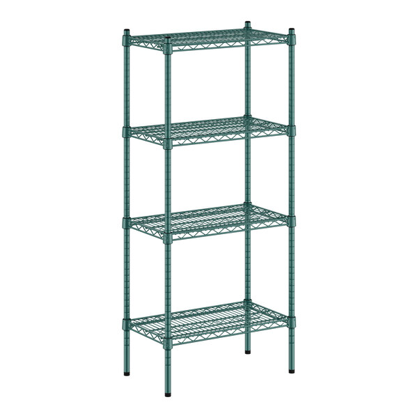 A green wire shelving unit with four shelves.