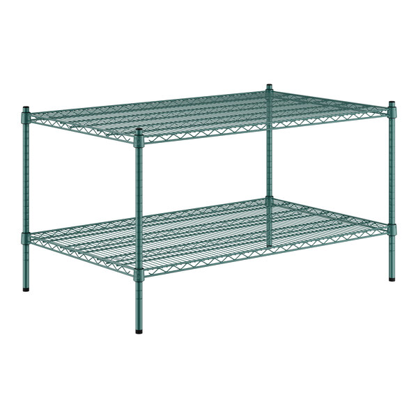 A green Regency wire shelving unit with two shelves.