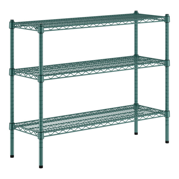 A Regency green wire shelving kit with three shelves.