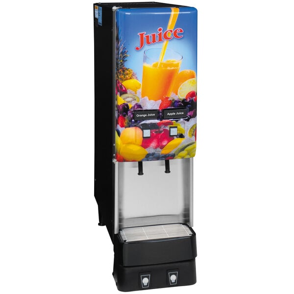 A silver Bunn juice dispenser with lighted juice graphic and remote dispense switch filled with orange juice.