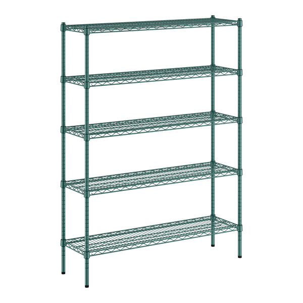 A green metal wire shelving unit with 5 shelves and poles.