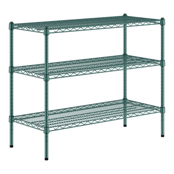 A Regency green metal wire shelving kit with three shelves.
