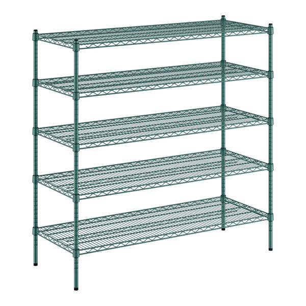 A green wire Regency shelving unit with five shelves.