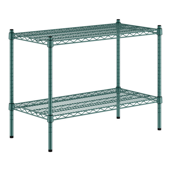 A green Regency wire shelving kit with black legs and two shelves.