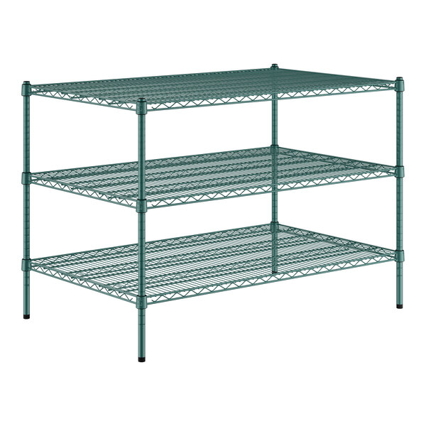 A green wire shelving unit with three shelves.