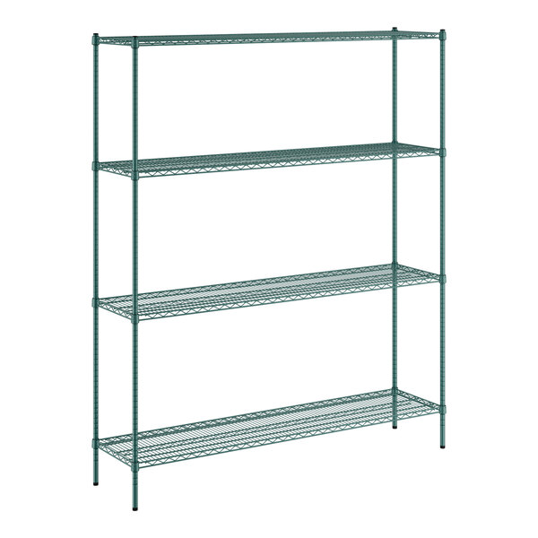 A Regency green metal wire shelving unit with four shelves.