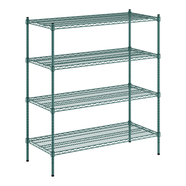 A green metal wire shelving unit with four shelves.