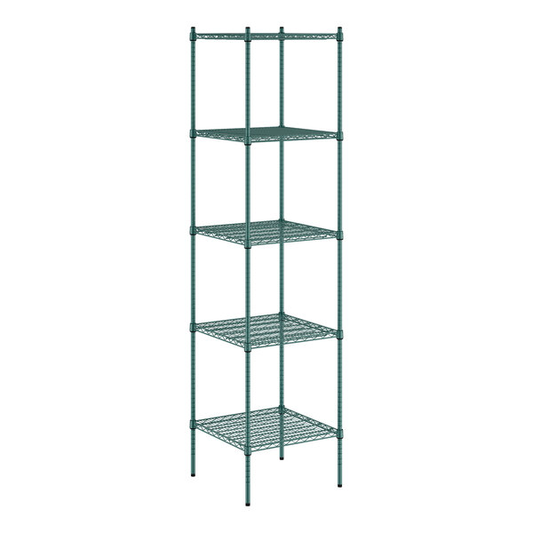 A green metal wire shelving kit with four shelves.