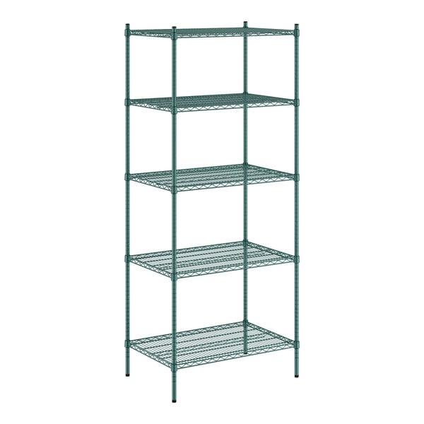 A green wire shelving unit with five shelves.