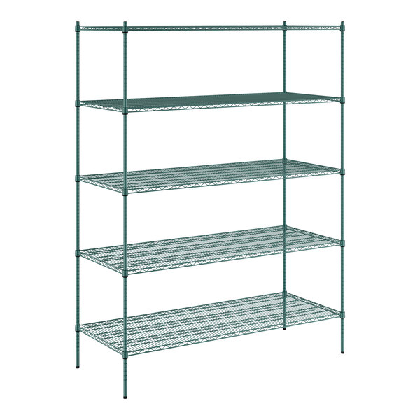 A green wire shelving unit with five shelves.