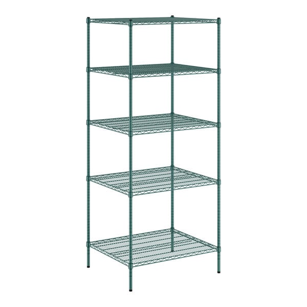 A green Regency wire shelving unit with five shelves.