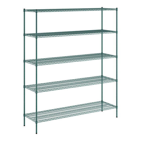 A Regency green wire shelving unit with 5 shelves and posts.