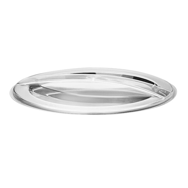 A clear plastic lid with a silver rim.