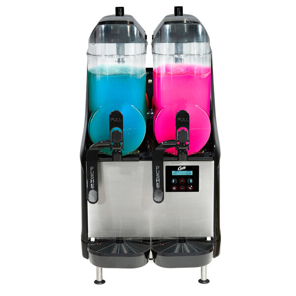A Curtis CFBX2 Chill-X machine with two different colored slushy drinks.