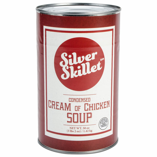 A silver can of Silver Skillet cream of chicken soup with a white label.