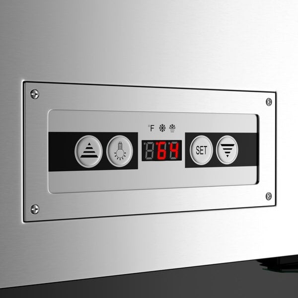 A digital control panel on a stainless steel wine merchandiser displaying a temperature of 64°F.