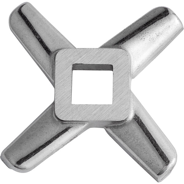 An Avantco stainless steel grinder knife with a square hole and four smaller holes.