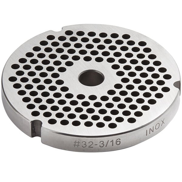 An Avantco stainless steel grinder plate with 3/16" holes.
