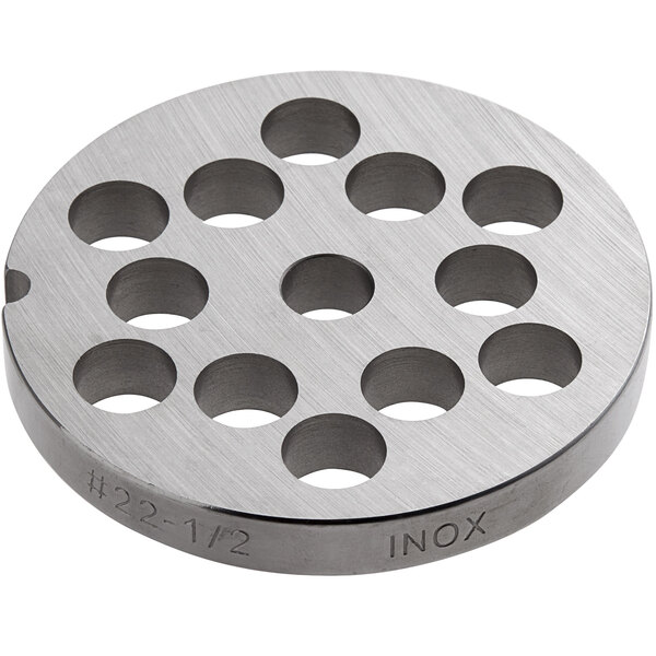 A Backyard Pro stainless steel flat grinder plate with 1/2" holes.