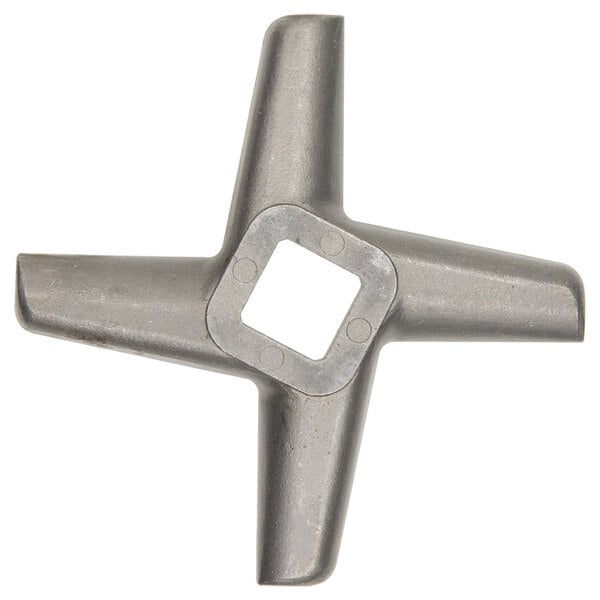 A stainless steel cross grinder knife with a square hole and four smaller holes in the middle.