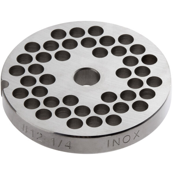 An Avantco stainless steel grinder plate with 1/4" holes in it.