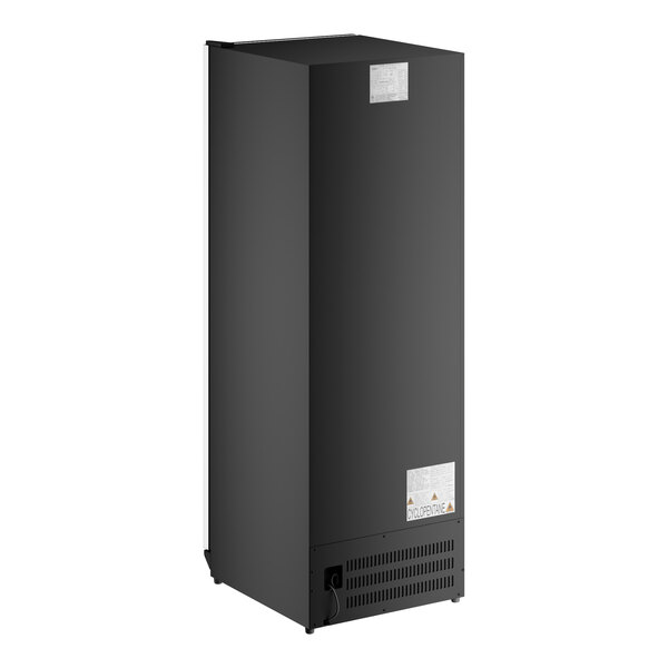 A tall, black, rectangular commercial wine cooler with a solid back panel and ventilation at the bottom.