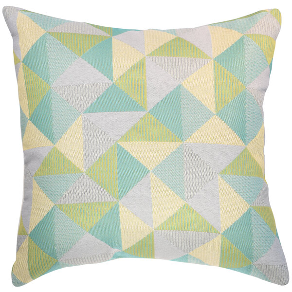 An Astella Pacifica Ruskin Lagoon throw pillow with a geometric pattern in light blue, yellow, and green.