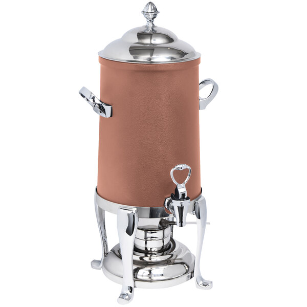 A copper coated stainless steel coffee urn with a brown and silver design.