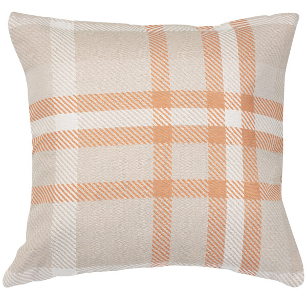 An Astella throw pillow with a white background and orange and beige plaid pattern.