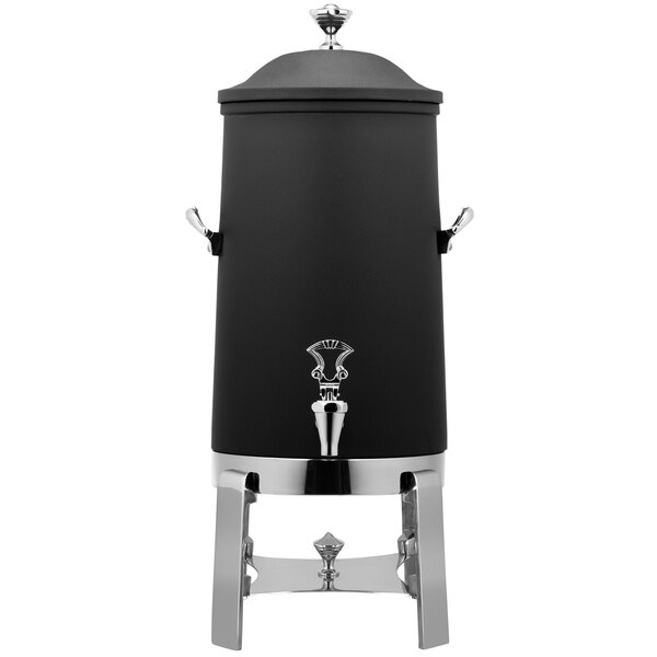 A black and silver Bon Chef coffee chafer urn with a silver handle.