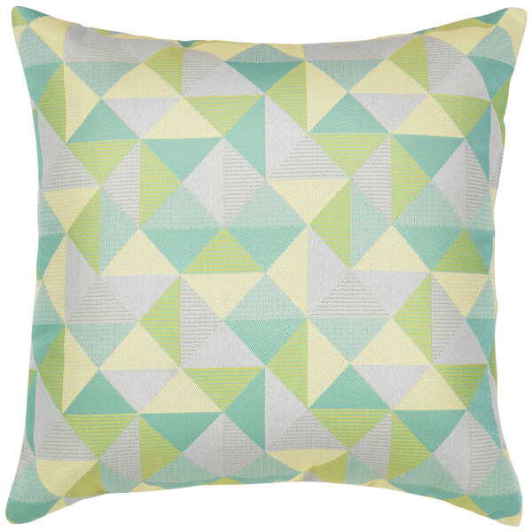 A Pacifica Ruskin Lagoon throw pillow with green, yellow, and grey geometric patterns.