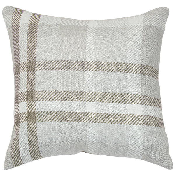 A white pillow with a grey and brown checkered pattern.