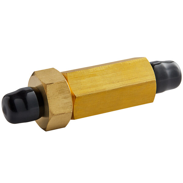 A gold and black metal cylinder with a brass and black threaded valve on one end.