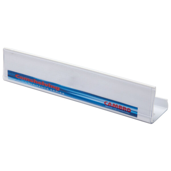 A clear plastic holder with a white logo and blue and red stripes.