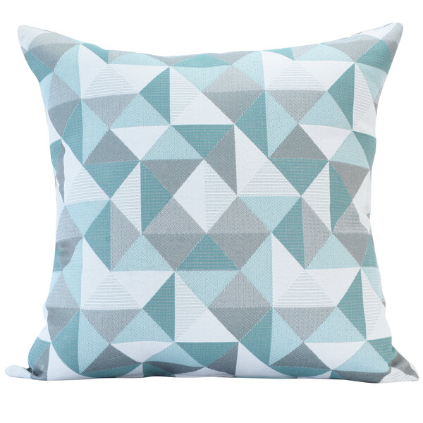 An Astella Ruskin Lakeside lounge throw pillow with blue and grey geometric shapes including a blue and white triangle.
