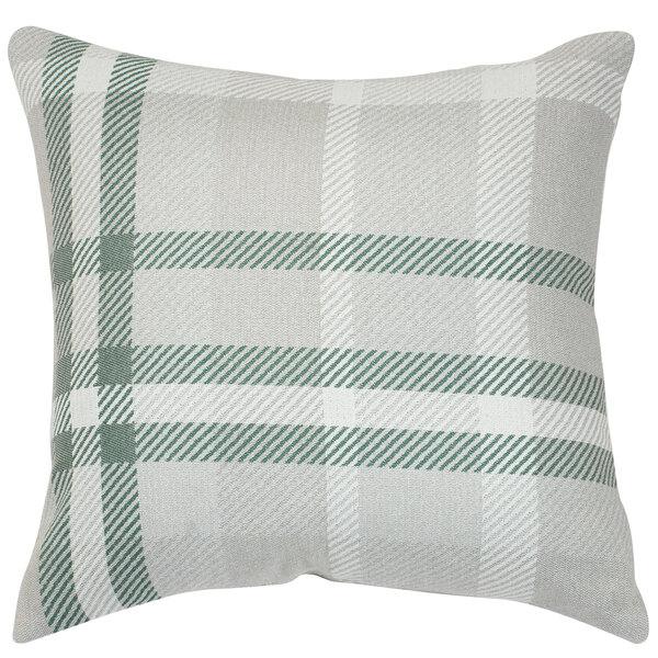 An Astella white and green checkered throw pillow with a white background.